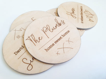 Personalised Rustic Home Wooden 5 Coaster Set (different personalisation available on each coaster) - Edges handpainted in different colours