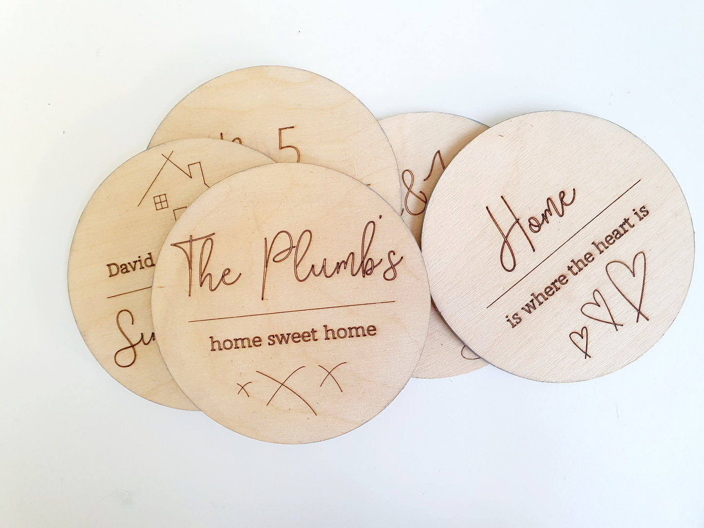 Personalised Rustic Home Wooden 5 Coaster Set (different personalisation available on each coaster) - Edges handpainted in different colours