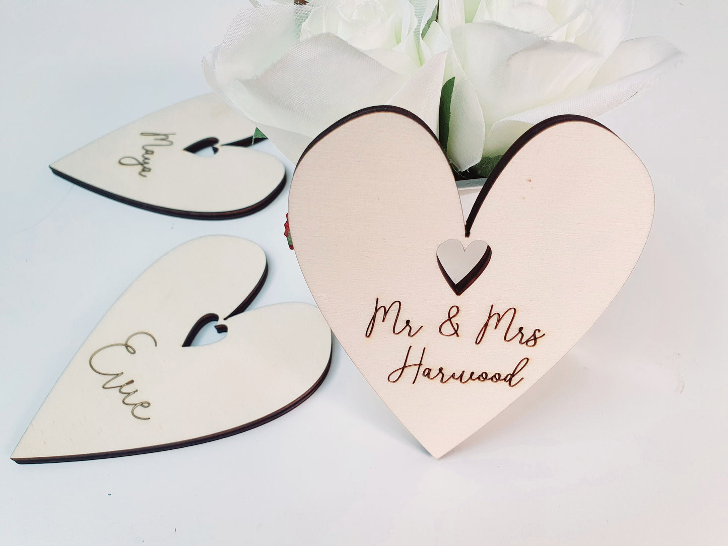 Rustic Personalised Wooden Wedding Favours - Mr & Mrs Large Wooden Hearts - Name Place Settings