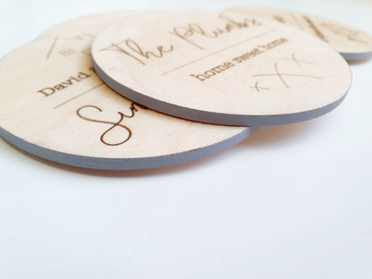 Personalised Rustic Home Wooden 5 Coaster Set (different personalisation available on each coaster) - Edges handpainted in different colours