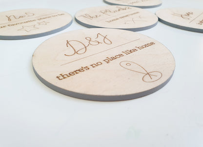 Personalised Rustic Home Wooden 5 Coaster Set (different personalisation available on each coaster) - Edges handpainted in different colours