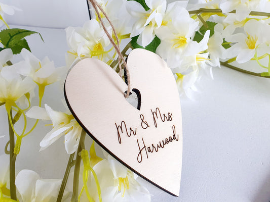 Rustic Personalised Wooden Wedding Favours - Mr & Mrs Large Wooden Hearts - Name Place Settings