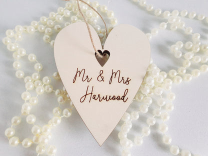 Rustic Personalised Wooden Wedding Favours - Mr & Mrs Large Wooden Hearts - Name Place Settings