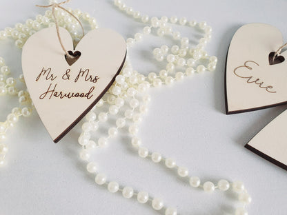 Rustic Personalised Wooden Wedding Favours - Mr & Mrs Large Wooden Hearts - Name Place Settings