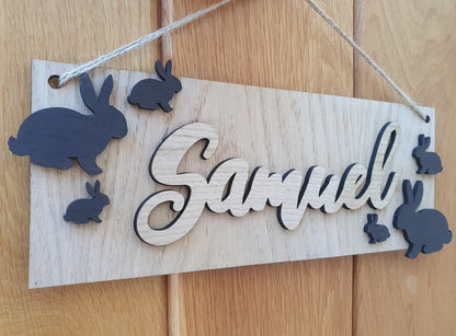 Personalised Wooden Children's Bedroom Sign - Door or Wall Name Sign for a Child's Room - Bunny Rabbit Theme