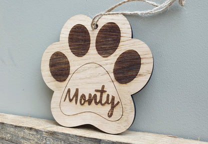 Personalised Wood Dog Paw Print Bauble - Dog Christmas Tree Decoration - Personalised Name Dog Paw Wooden Sign - Dog Christmas Bauble Gift