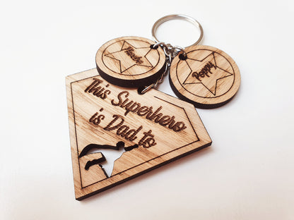 This Superhero is Dad To Keyring - Custom Wooden Superhero Dad Keyring - 'Includes Children's Names - 'This Superhero is Dad to...'