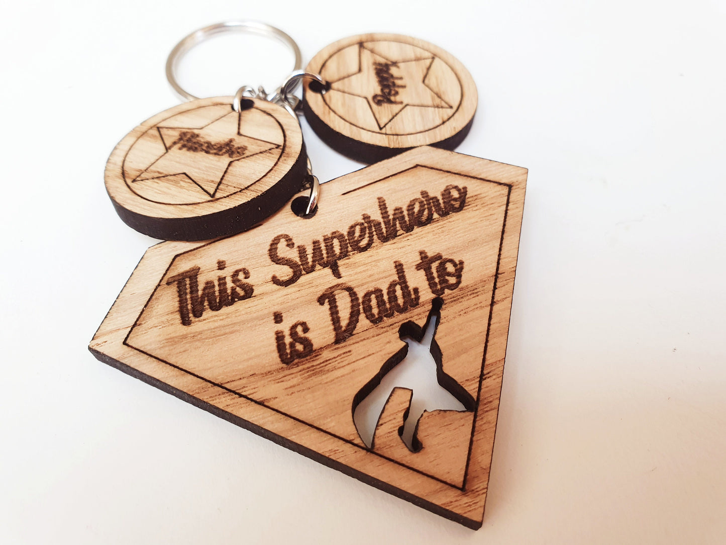 This Superhero is Dad To Keyring - Custom Wooden Superhero Dad Keyring - 'Includes Children's Names - 'This Superhero is Dad to...'