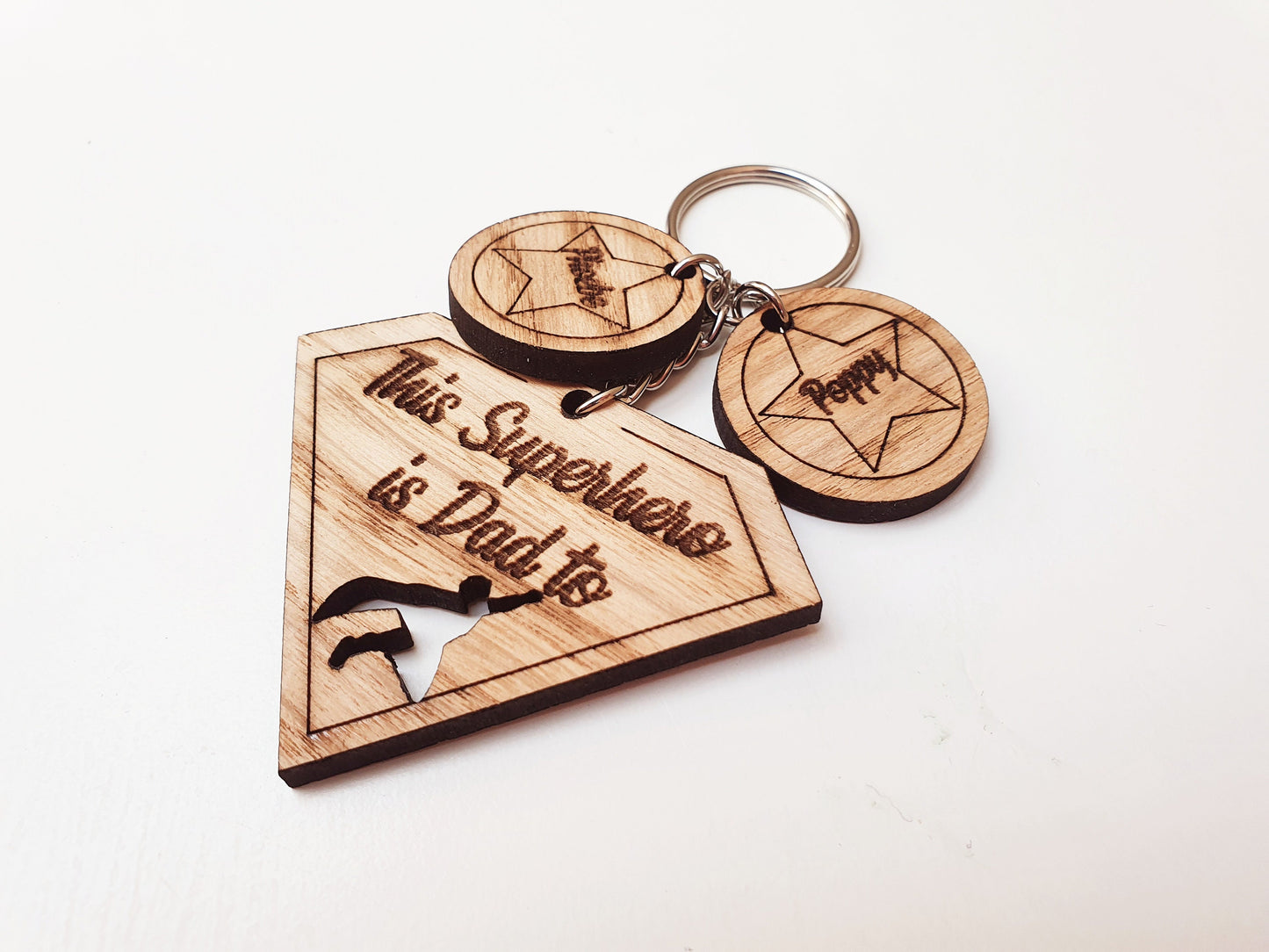 This Superhero is Dad To Keyring - Custom Wooden Superhero Dad Keyring - 'Includes Children's Names - 'This Superhero is Dad to...'