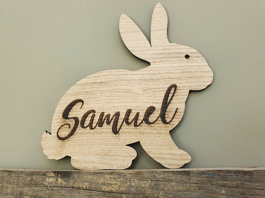 Rustic Personalised Wooden Rabbit Name Sign  - Bunny Room Sign With Custom Name - Made From Oak Veneered MDF