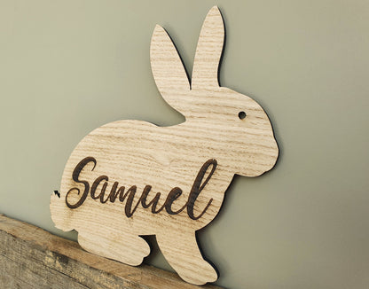 Rustic Personalised Wooden Rabbit Name Sign  - Bunny Room Sign With Custom Name - Made From Oak Veneered MDF