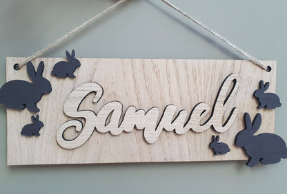 Personalised Wooden Children's Bedroom Sign - Door or Wall Name Sign for a Child's Room - Bunny Rabbit Theme