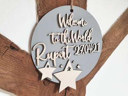 Custom Welcome to the World Baby Sign/Wall Hanging/Wreath - Includes Babies Name and Date of Birth - Star Theme - Newborn Gift