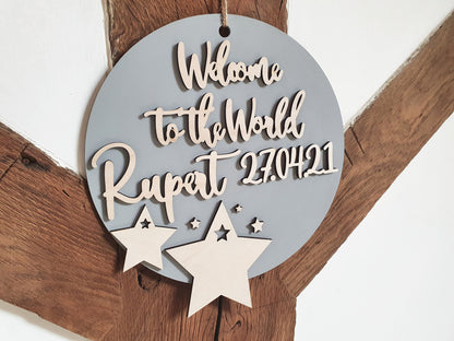 Custom Welcome to the World Baby Sign/Wall Hanging/Wreath - Includes Babies Name and Date of Birth - Star Theme - Newborn Gift