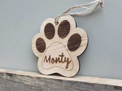 Personalised Wood Dog Paw Print Bauble - Dog Christmas Tree Decoration - Personalised Name Dog Paw Wooden Sign - Dog Christmas Bauble Gift