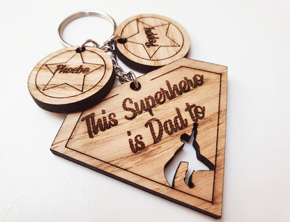 This Superhero is Dad To Keyring - Custom Wooden Superhero Dad Keyring - 'Includes Children's Names - 'This Superhero is Dad to...'