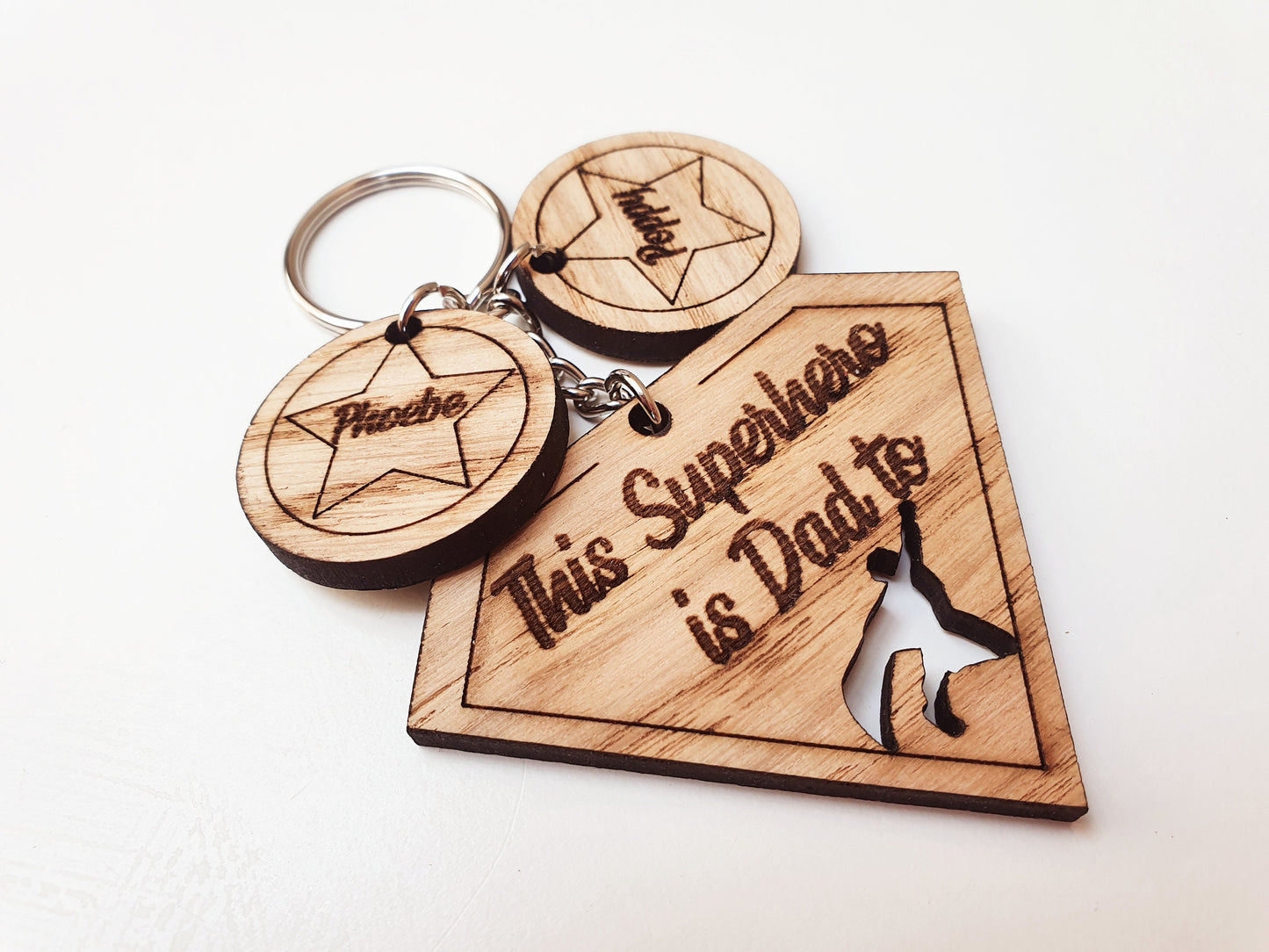 This Superhero is Dad To Keyring - Custom Wooden Superhero Dad Keyring - 'Includes Children's Names - 'This Superhero is Dad to...'