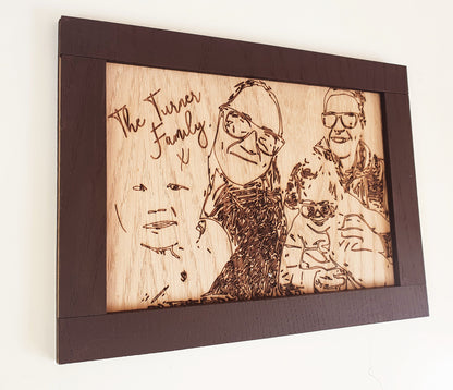 Personalised Wooden Family Portrait - Family Photo Wood Plaque - Custom Line Drawing On Wood - Range of Colours