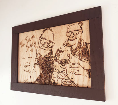 Personalised Wooden Family Portrait - Family Photo Wood Plaque - Custom Line Drawing On Wood - Range of Colours