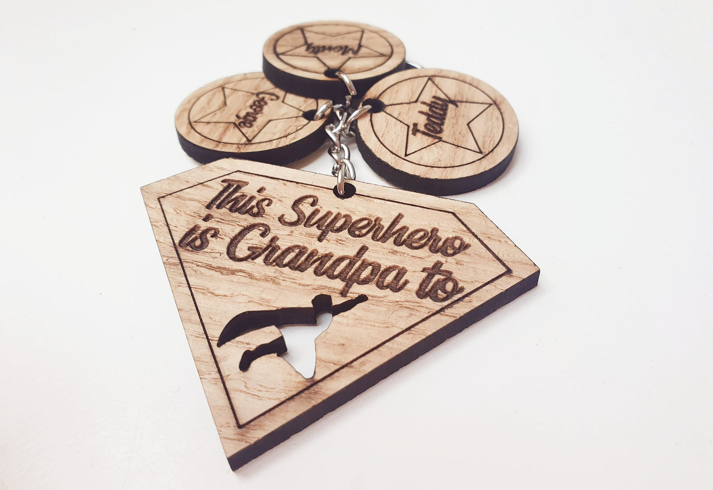 This Superhero is Grandad to Keyring - Custom Wooden Superhero Keyring - 'This Superhero is Grandpa/Grandad to...'