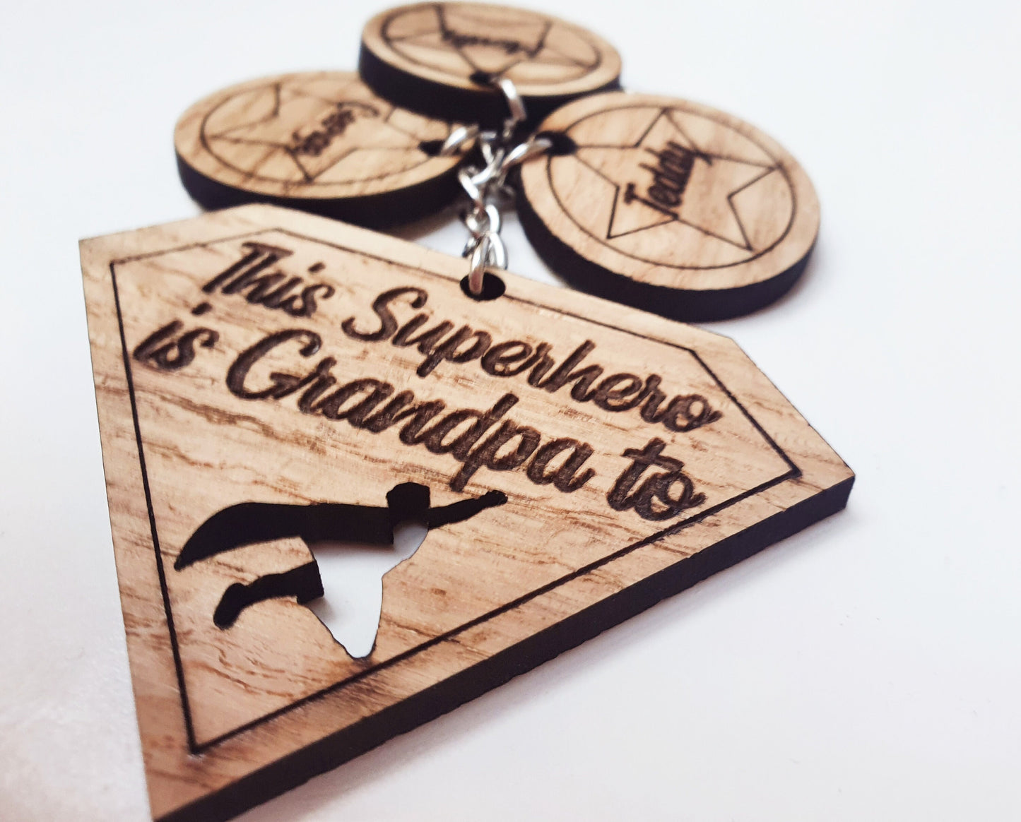 This Superhero is Grandad to Keyring - Custom Wooden Superhero Keyring - 'This Superhero is Grandpa/Grandad to...'