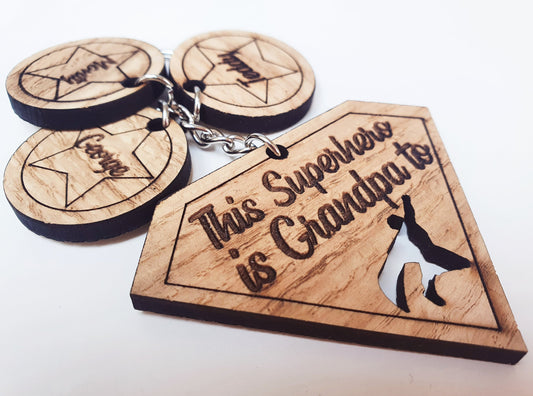 This Superhero is Grandad to Keyring - Custom Wooden Superhero Keyring - 'This Superhero is Grandpa/Grandad to...'