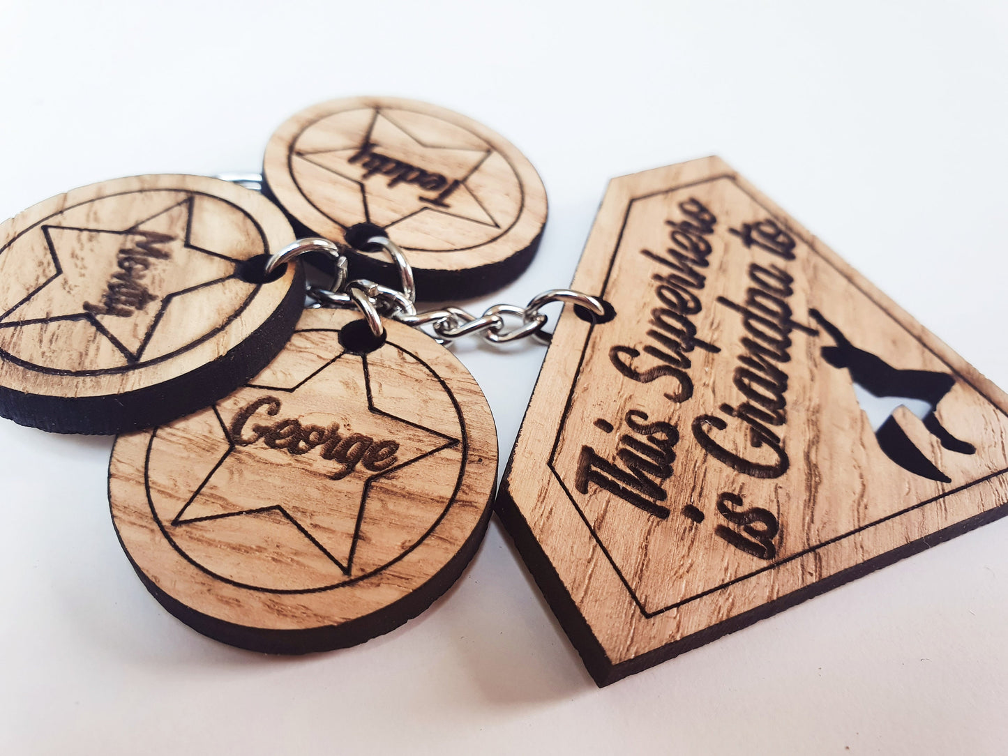 This Superhero is Grandad to Keyring - Custom Wooden Superhero Keyring - 'This Superhero is Grandpa/Grandad to...'