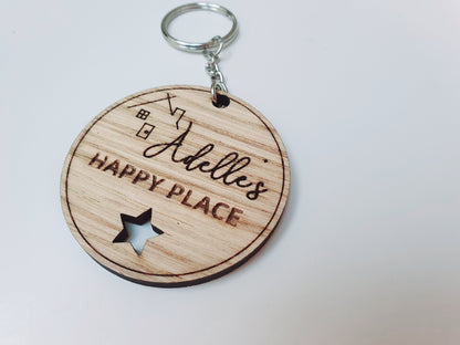 Personalised new home keyring - Wooden keyring with name and wording 'happy place'- Small housewarming gift