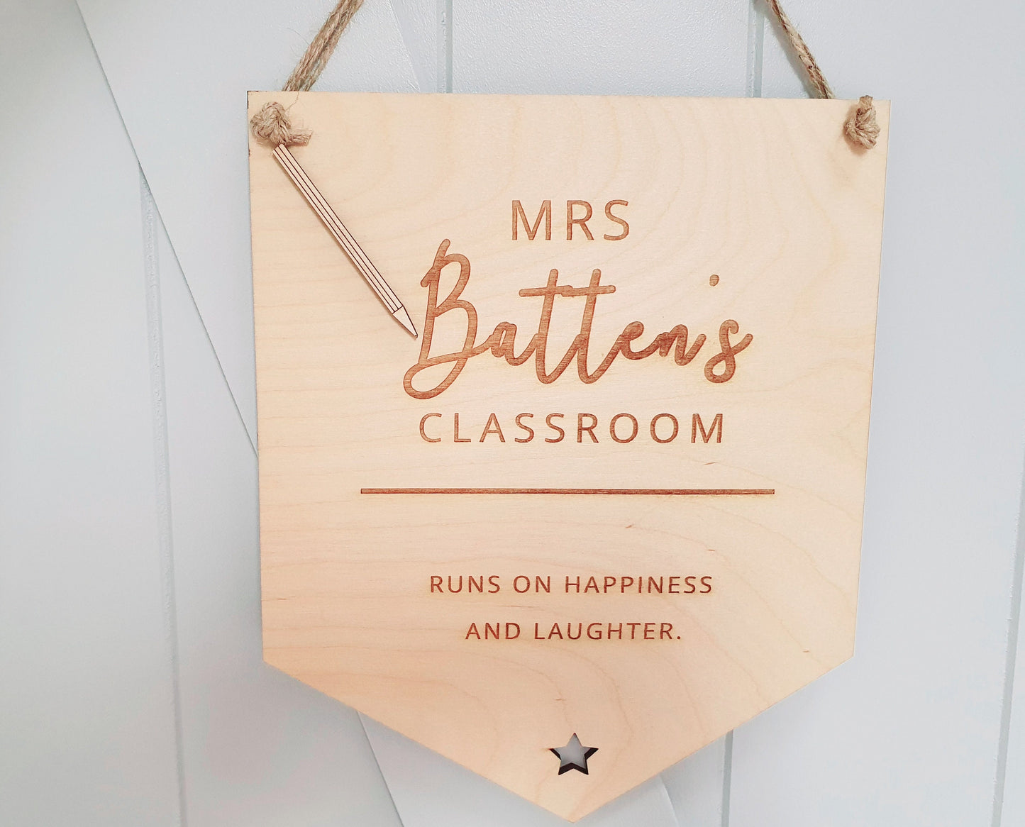 Wooden Personalised Teacher Classroom Sign - this Classroom runs on... l End of term gift l Add your teachers name and a message