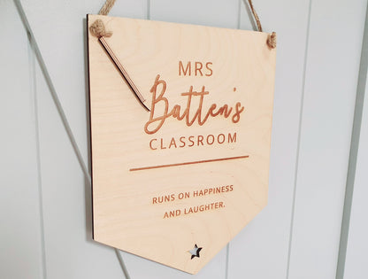 Wooden Personalised Teacher Classroom Sign - this Classroom runs on... l End of term gift l Add your teachers name and a message