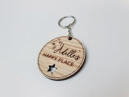 Personalised new home keyring - Wooden keyring with name and wording 'happy place'- Small housewarming gift