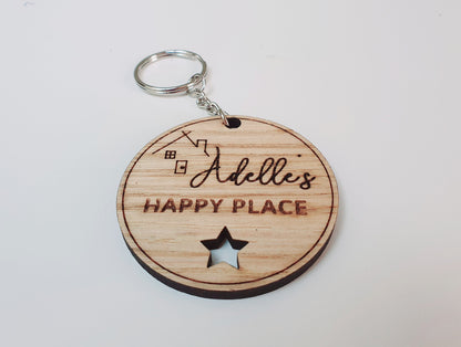 Personalised new home keyring - Wooden keyring with name and wording 'happy place'- Small housewarming gift