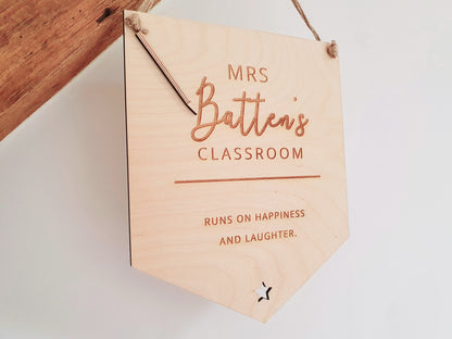 Wooden Personalised Teacher Classroom Sign - this Classroom runs on... l End of term gift l Add your teachers name and a message