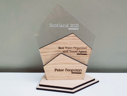 Unique Wooden Personalised Award Trophy - Modern Geometric Trophies - All Occassions Wooden Trophy - Different Sizes and Can Include a Logo