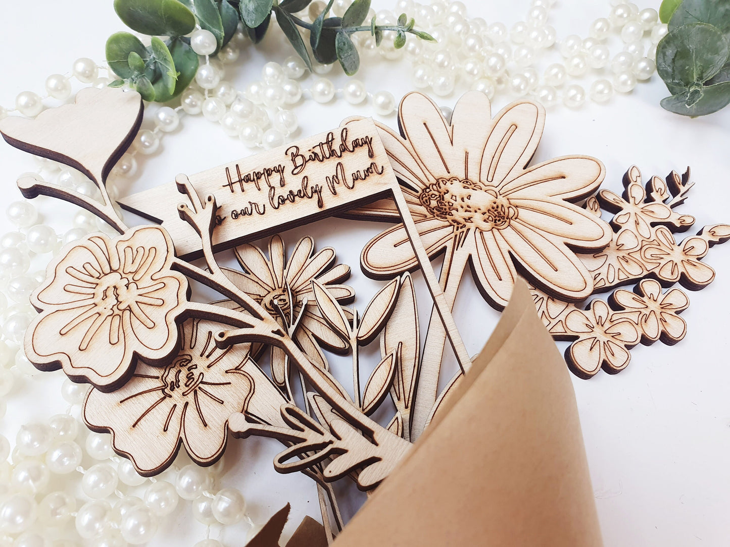 Personalised Wooden Bouquet of Flowers - Range of Wood Flowers and Personalised Message - Gift for Her - Bunch of Wood Flowers with Message