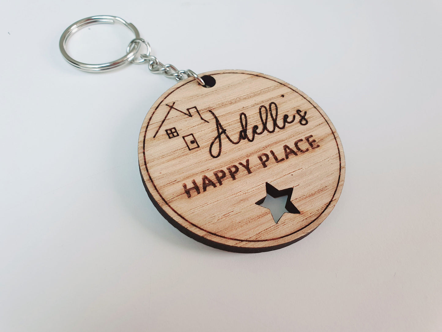 Personalised new home keyring - Wooden keyring with name and wording 'happy place'- Small housewarming gift