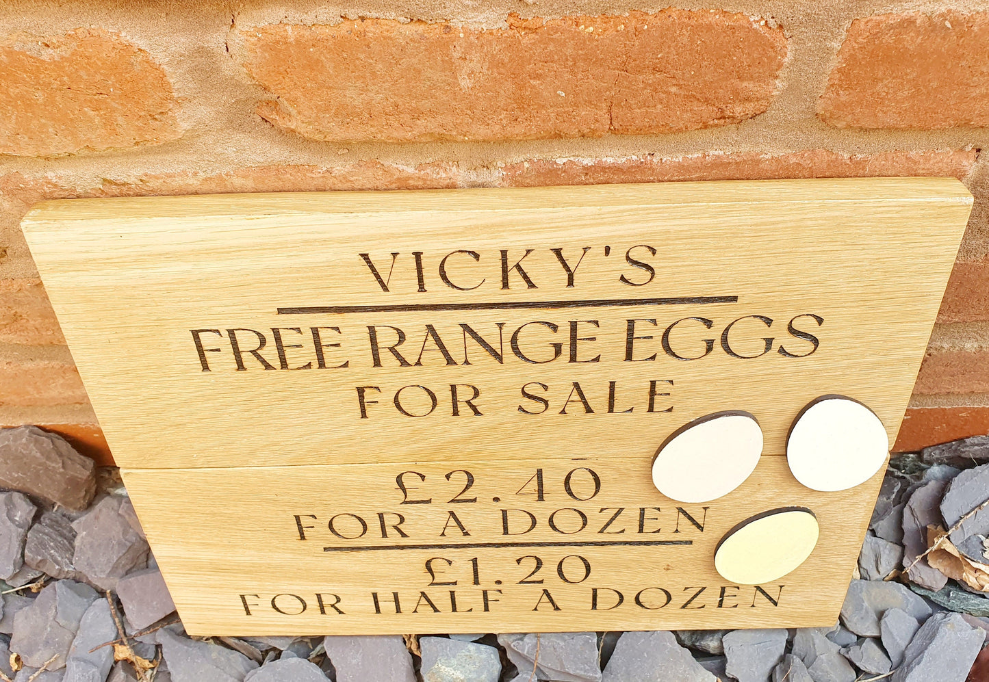 Large Personalised Wooden Eggs Sold Here Sign - Two - Sided - Solid Oak Eggs For Sale Plaque - On the Reverse Side 'No Eggs Today!'.