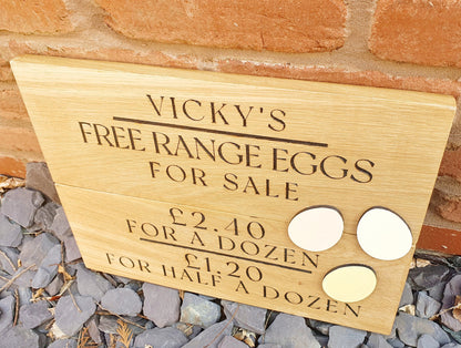 Large Personalised Wooden Eggs Sold Here Sign - Two - Sided - Solid Oak Eggs For Sale Plaque - On the Reverse Side 'No Eggs Today!'.