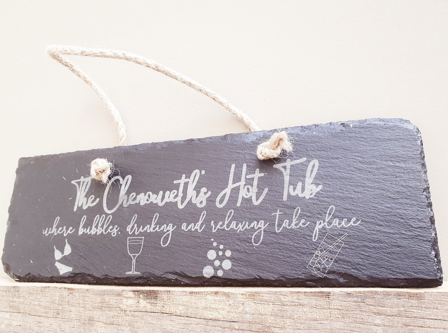 Personalised Hot Tub Slate Sign - Custom Name Hot Tub Sign With Message 'Where Bubbles, Drinking and Relaxing Take Place'