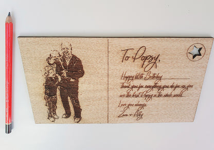 Gift for Birthday or Christmas - Wood Postcard Gift With Portrait from Photo & Custom Message - Gift for Dad, Mum, Grandparent, Friend etc