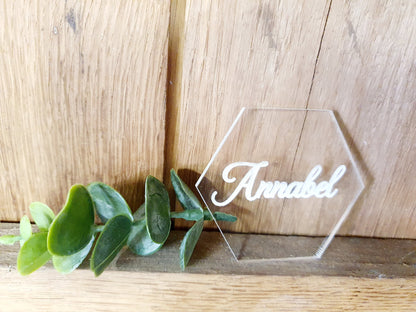 Modern Wedding Name Cards - Unique Personalised Wooden Wedding Place Cards - Clear Acrylic Engraved Wedding Favours - Wedding Place Cards