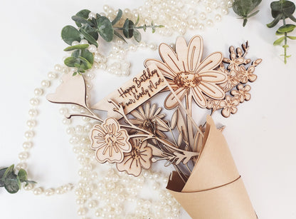 Personalised Wooden Bouquet of Flowers - Range of Wood Flowers and Personalised Message - Gift for Her - Bunch of Wood Flowers with Message