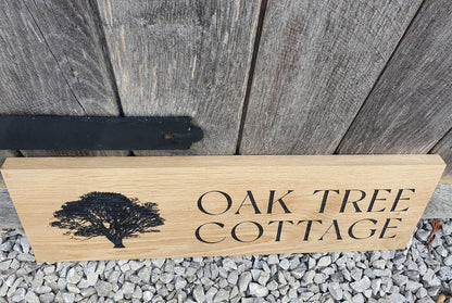 Large Address Sign, Solid Oak, Engraved and Filled With Black Paint - House Name and Any Image Oak Wood Plaque - Custom Outdoor Sign