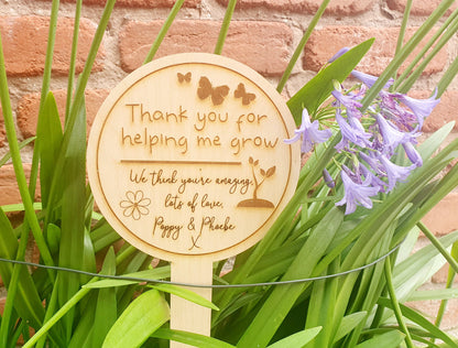 Personalised Thank you for Helping Me Grow - Wooden Garden Sign - Childminder Gift - Gift for Nursery Worker - Gift for Teacher