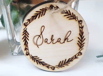 Botanical Personalised Wooden Wedding Place Cards - Bohemian Wooden Name Wedding Favours - Rustic Wedding Name Places - Wedding Titles