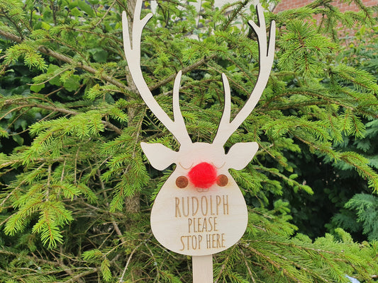 Rudolph Please Stop Here Wooden Sign - Christmas Children Sign - Rudolph Sign With a Red Pom Pom Nose