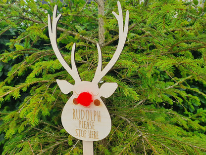 Rudolph Please Stop Here Wooden Sign - Christmas Children Sign - Rudolph Sign With a Red Pom Pom Nose