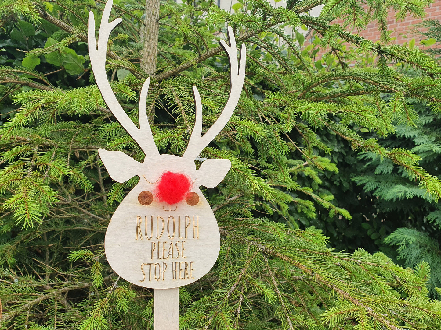 Rudolph Please Stop Here Wooden Sign - Christmas Children Sign - Rudolph Sign With a Red Pom Pom Nose