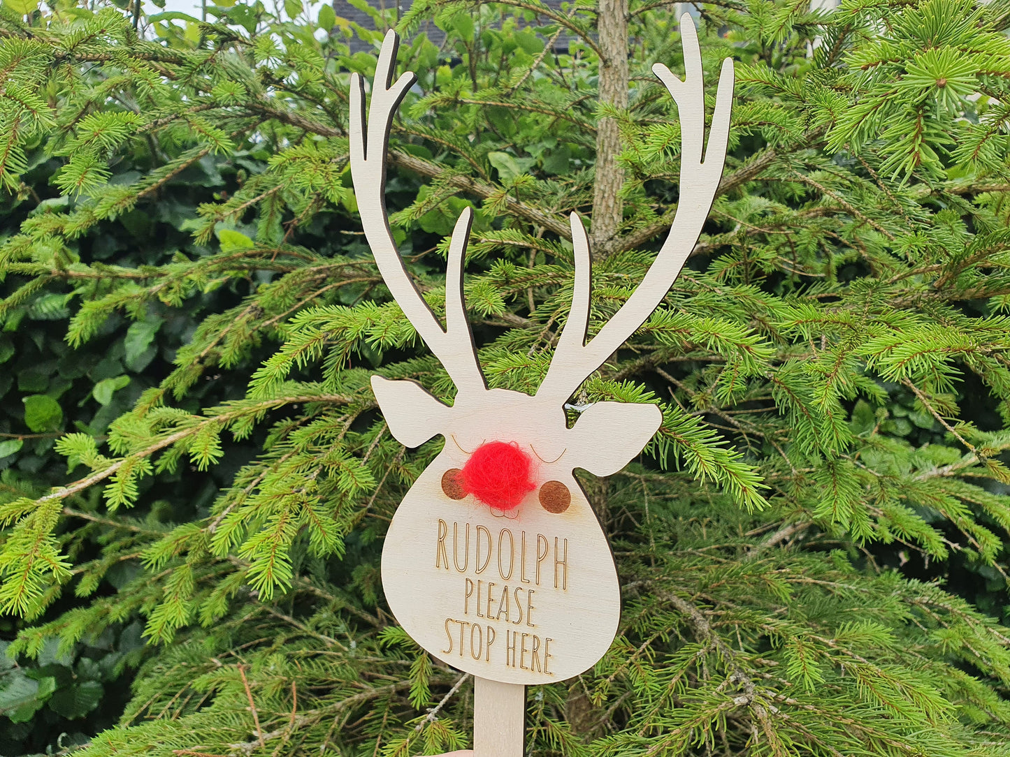 Rudolph Please Stop Here Wooden Sign - Christmas Children Sign - Rudolph Sign With a Red Pom Pom Nose