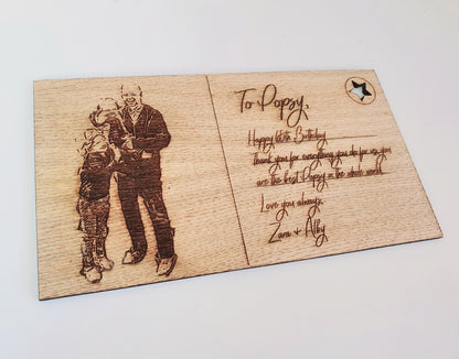 Gift for Birthday or Christmas - Wood Postcard Gift With Portrait from Photo & Custom Message - Gift for Dad, Mum, Grandparent, Friend etc